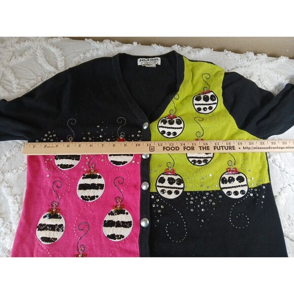 Jack B Quick Ugly Christmas Sweater Pink Black Green Ornaments Embroider... - Picture 6 of 14